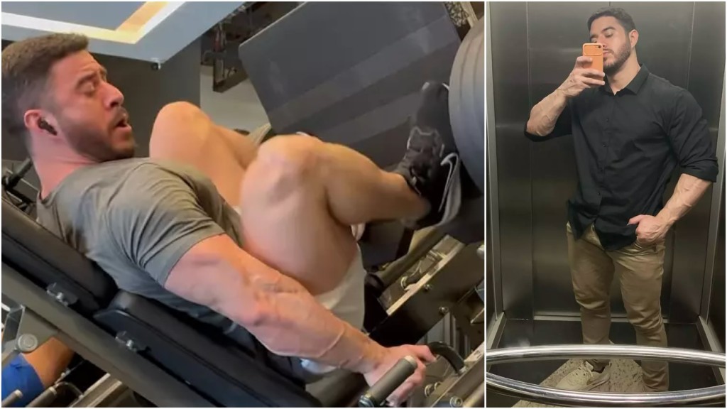 巴西健美猛男菲略（Ranieri Lopes Filho）挑戰400kg腿推「啪」一聲斷右腳肌腱痛苦狂吼。 IG@ranierilf