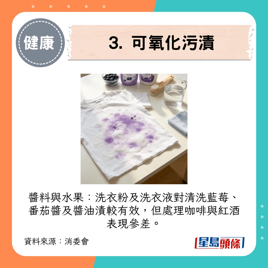 酱料与水果：洗衣粉及洗衣液对清洗蓝莓、番茄酱及酱油渍较有效，但处理咖啡与红酒表现参差。