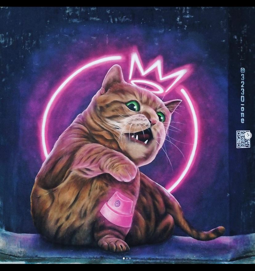 俄罗斯涂鸦艺术家Vladimir早前于汀九近屯门公路一处山坡上桥墩，创作「光环猫」涂鸦作品。