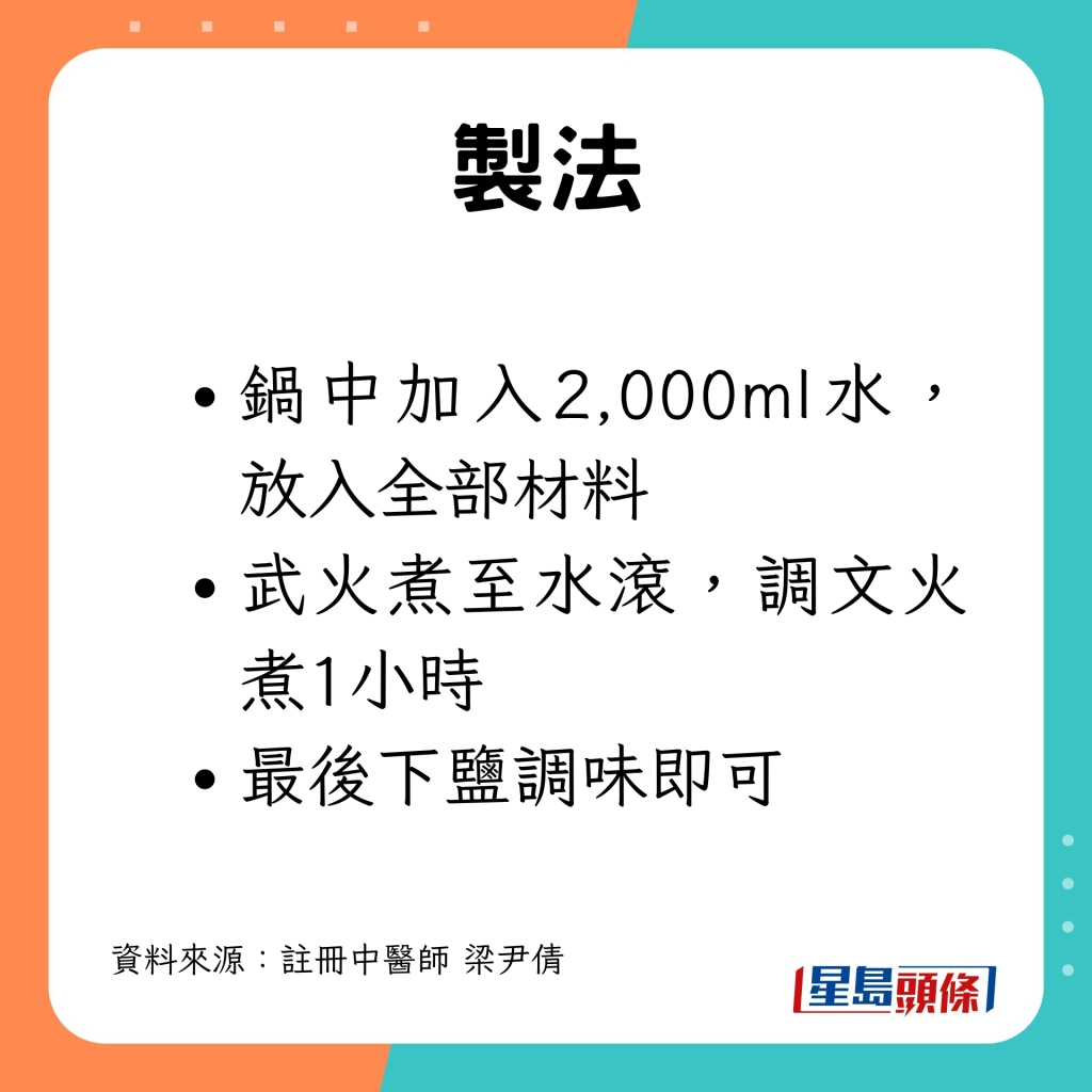 鍋中加入水及全部材料，武火煮至水滾，調文火煮1小時，最後下鹽調味