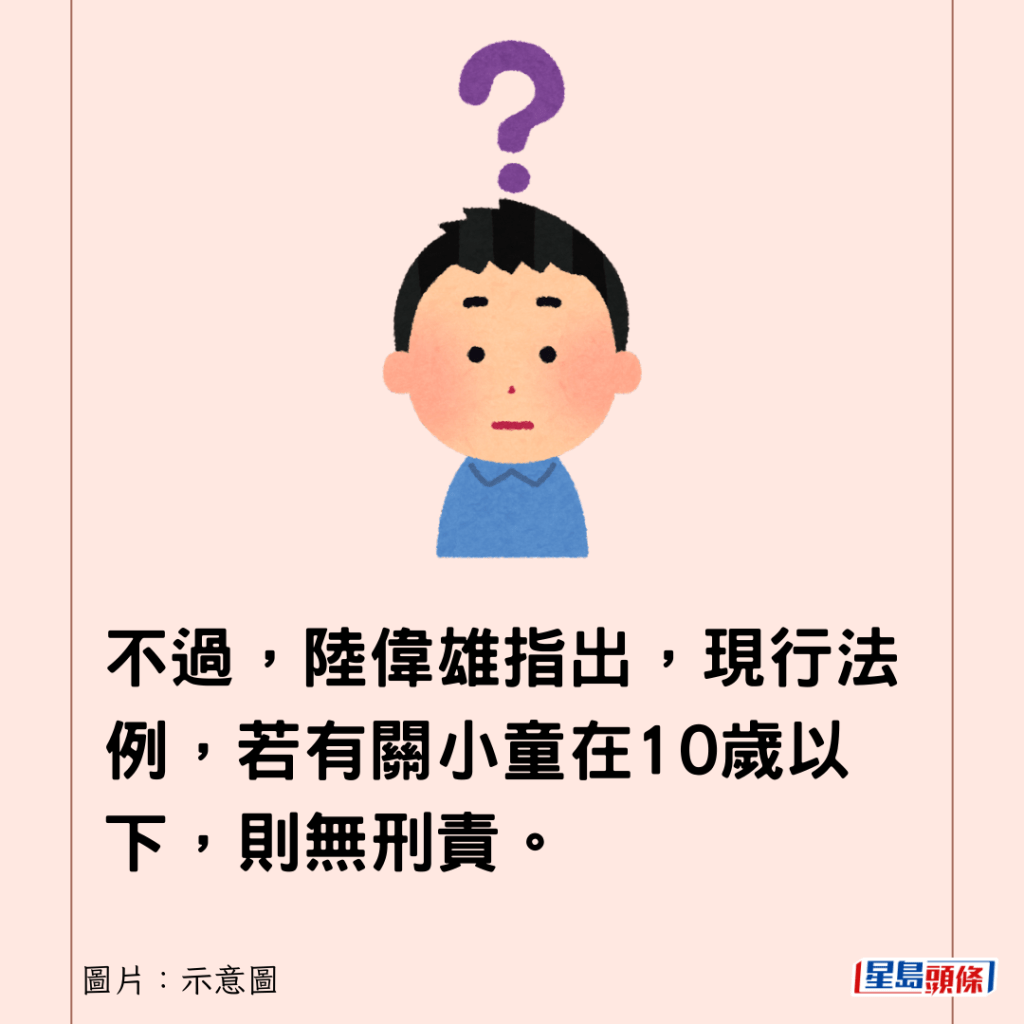 不過，陸偉雄指出，現行法例，若有關小童在10歲以下，則無刑責。