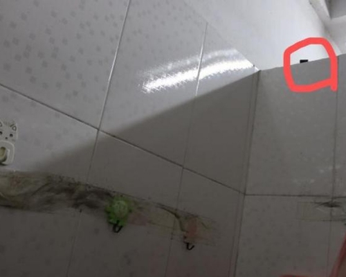 女受害人在公寓沖涼房內發現攝像鏡頭(紅圈),揭發男子長期偷拍女性私隱影片。(網圖)