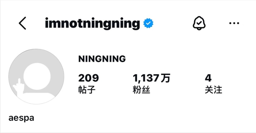 Ningning早前曾悄悄將IG頭像換上「竪中指」公仔,疑似抗議長期攻擊其家人的黑粉。 Ningning早前曾悄悄將IG頭像換上「竪中指」公仔,疑似抗議長期攻擊其家人的黑粉。