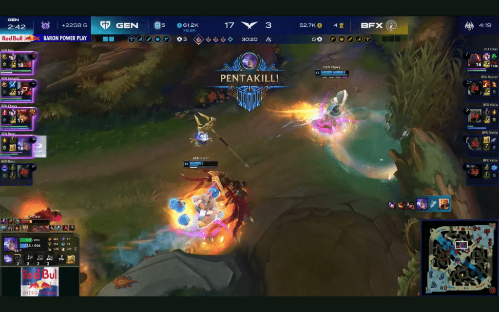 今年其中一个名场面是Gen.G射手Ruler上演5杀。直播截图