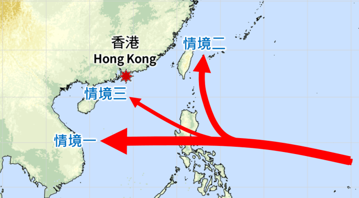 天文台分析各个电脑预测模式结果后，归纳出位于西北太平洋的广阔低压区3个移动路径情境。图：天文台