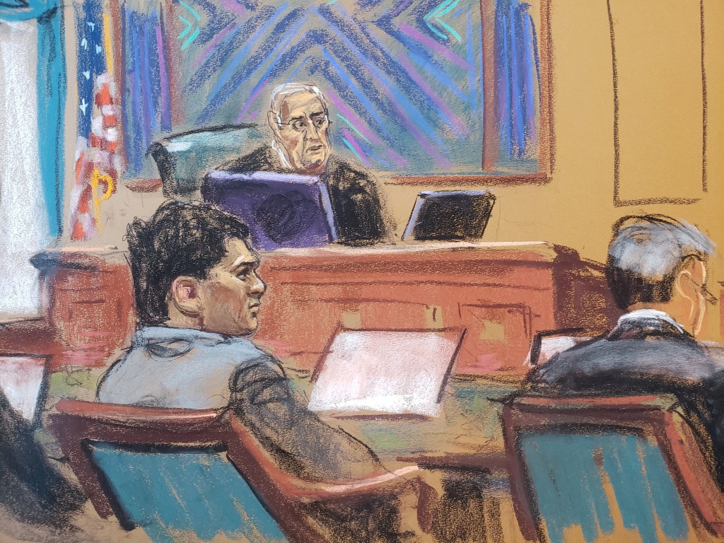 绘图显示「薯条哥」在庭上受审情况。路透社