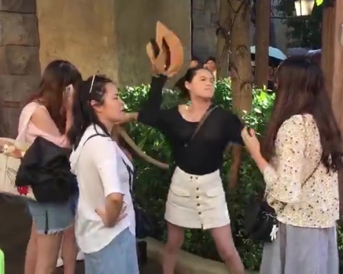 女遊客 (右）在上海迪士尼遊玩期間，指遭小孩摸屁股，結果被3名婦女（左）又打又罵。（網圖）