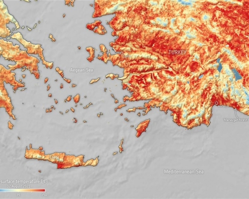 希臘、土耳其及賽普路斯受熱浪侵襲錄得50度高溫。ESA圖