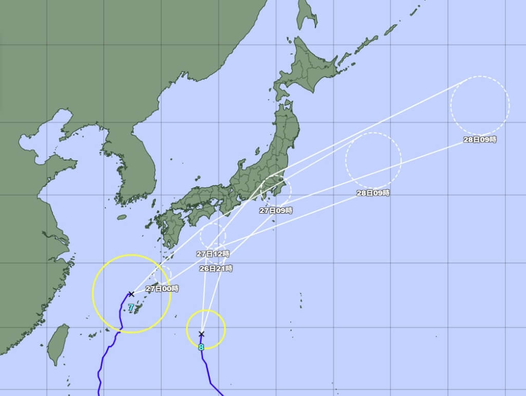 罕見雙風暴夾擊日本。日本氣象廳網頁