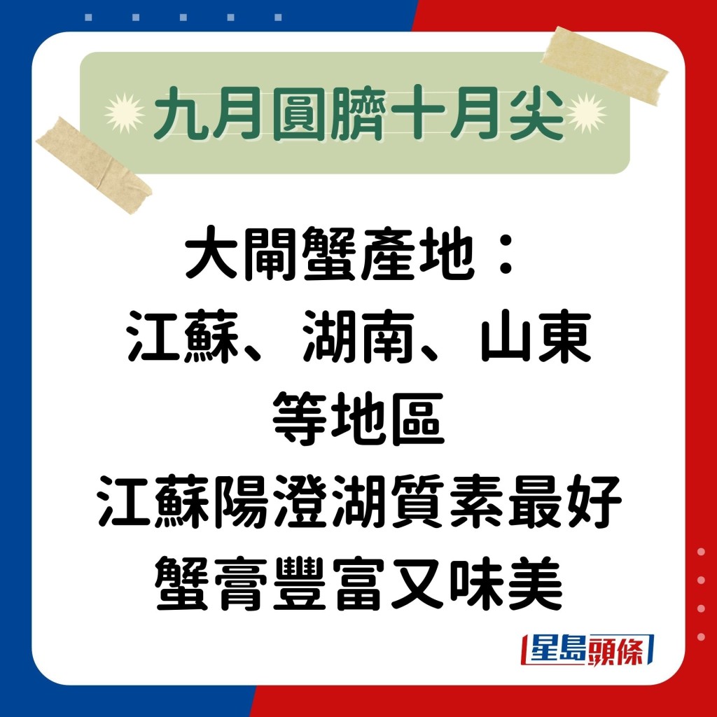 至于大闸蟹产地主要为江苏、湖南、山东等地区，当中以江苏阳澄湖出产的大闸蟹质素最好，蟹膏丰富又味美。