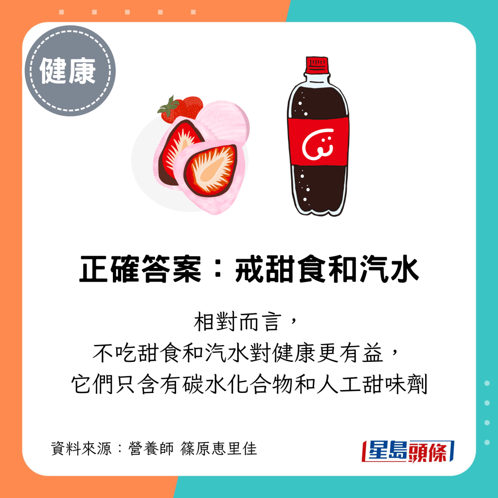 正確答案：戒甜食和汽水，它們只含有碳水化合物和人工甜味劑