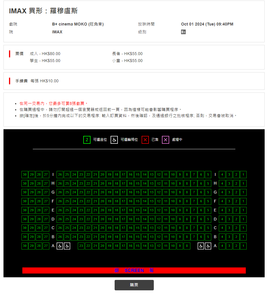 記者於12時登入百老匯電影院線，發現包括IMAX場次的電影均無人購票。百老匯院線網頁截圖