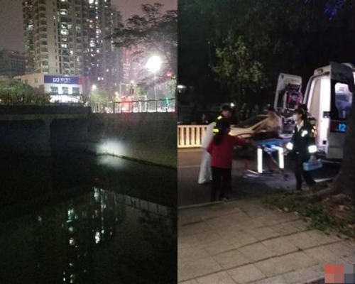 少婦忽然越過欄杆跳入福田河。網圖