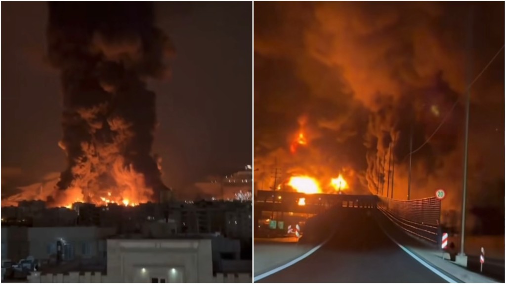 德黑蘭油庫被炸中，全城下「石油雨」瀰漫燒焦味。  X@amitkarn99