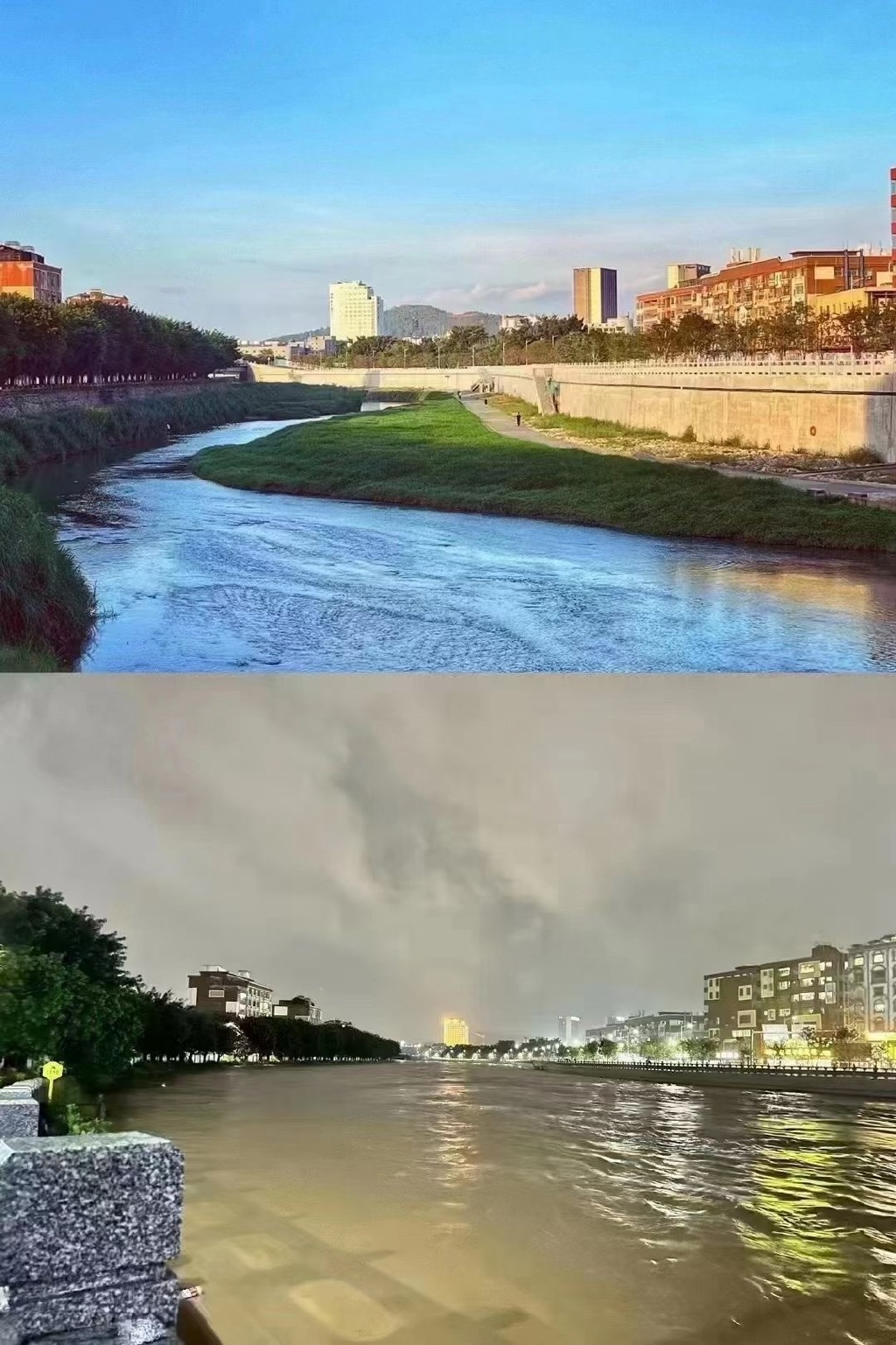 泄洪下的深圳布吉河完全不同了样子。