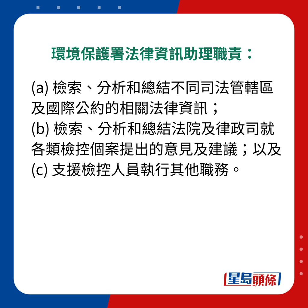 環境保護署法律資訊助理職責：