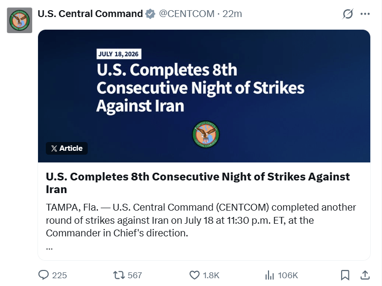 美軍中央司令部結束第八晚對伊朗打擊。CENTCOM@X 美軍中央司令部結束第八晚對伊朗打擊。CENTCOM@X