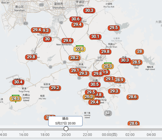 天文台昨日(27日)錄得最高氣溫33.7℃,晚上多區亦超過30℃。天文台圖片 天文台昨日(27日)錄得最高氣溫33.7℃,晚上多區亦超過30℃。天文台圖片
