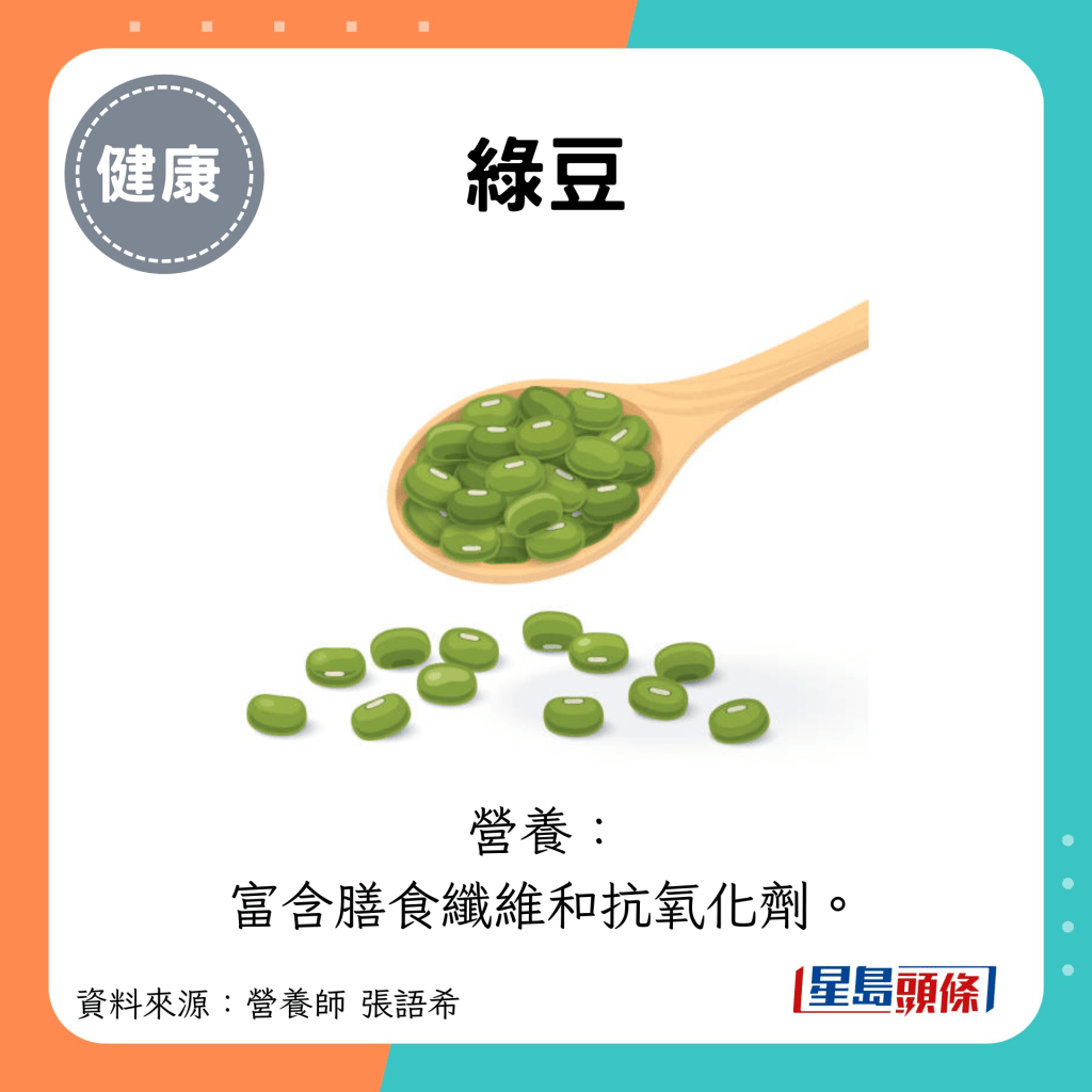 綠豆：營養： 富含膳食纖維和抗氧化劑。