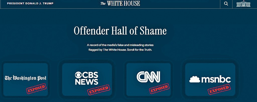 白宮在官網公開批評及列出其認為報道不實的媒體機構和記者。白宮網站