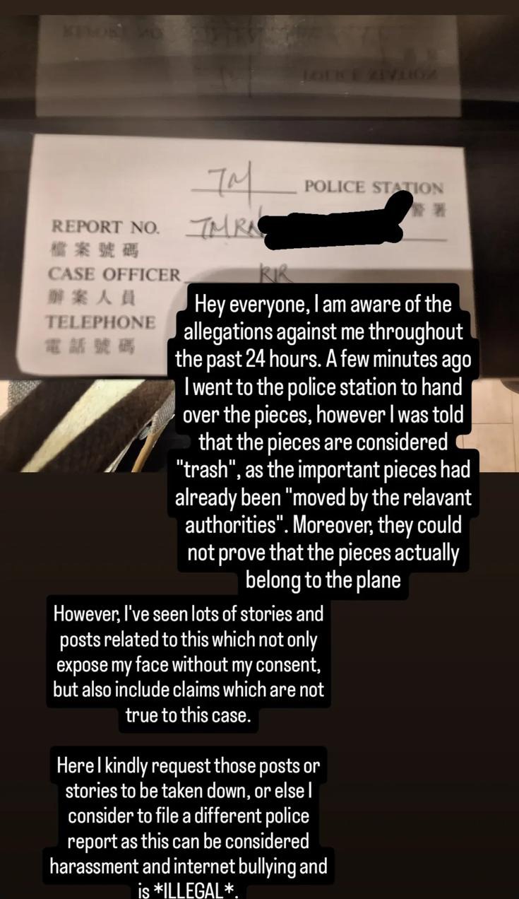 售賣殘骸碎片的飛機迷今日到警署備案，並將手上擁有的碎片交予警方，又承認其行為「不道德（immoral）」。