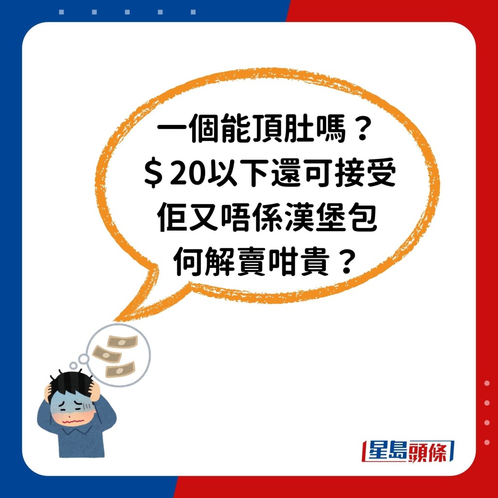 「一个能顶肚吗？ ＄20以下还可接受 佢又唔系汉堡包 何解卖咁贵？」