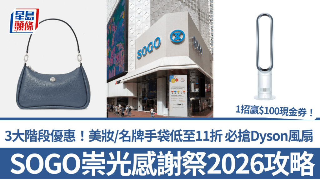 SOGO崇光感謝祭2026｜3大階段優惠攻略！美妝/名牌手袋/服飾低至11折 必搶Dyson風扇/Yaman美容儀 1招贏$100現金券