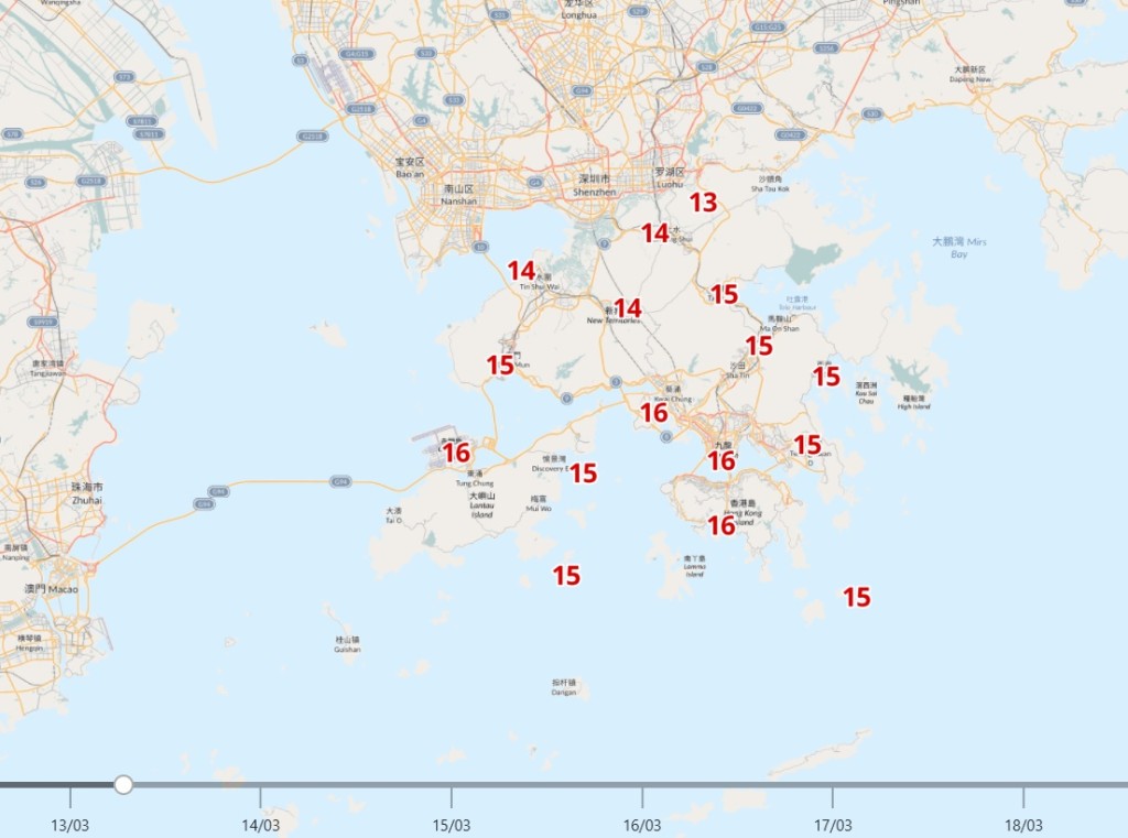 按照「自動分區天氣預報」，明早新界多區會跌至14、15度左右，其中打鼓嶺更會跌至13度。