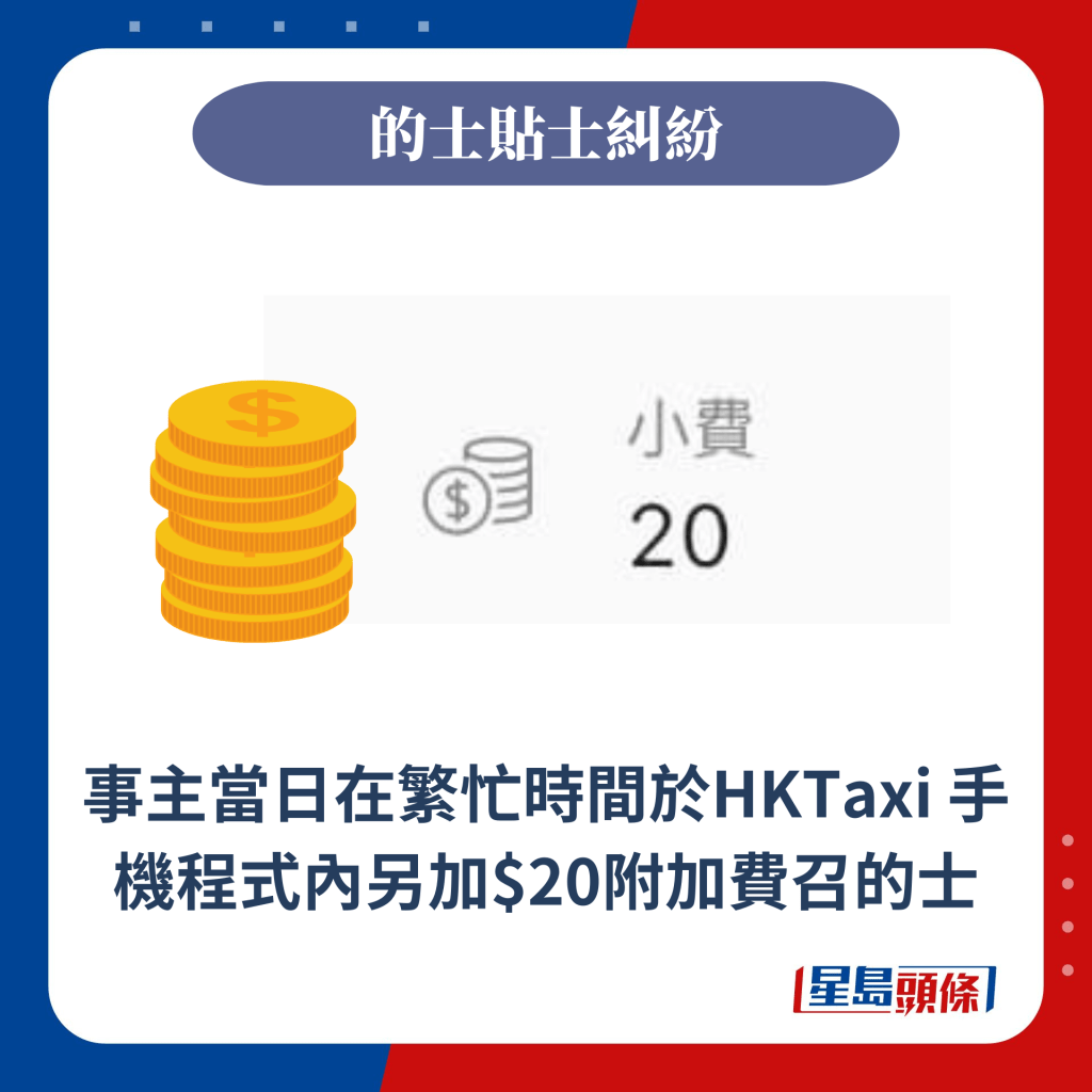 事主當日在繁忙時間於HKTaxi 手機程式內另加$20附加費召的士