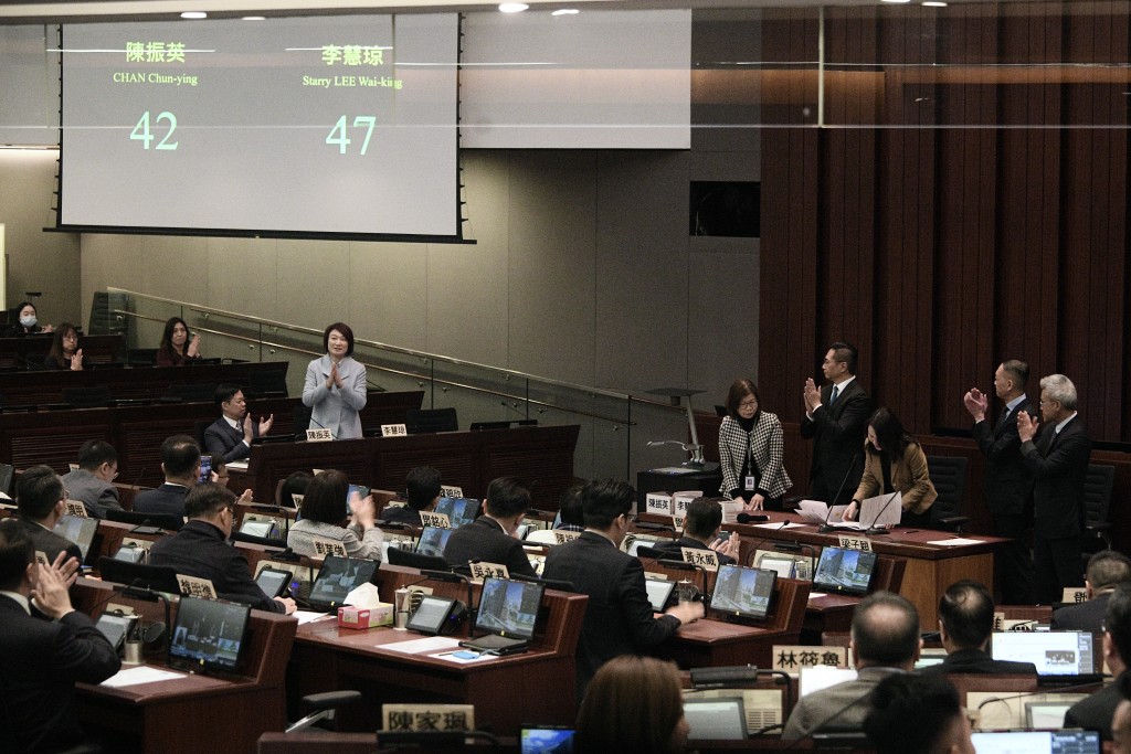金融界陳振英終以5票之差不敵民建聯李慧琼，未能當選新一屆立法會主席。