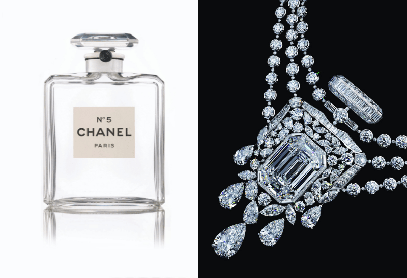 為紀念Chanel N°5香水面世一百周年而特別創製的頂級珠寶系列「55.55」項鏈，以白金鑲嵌鑽石。當中的主石是一顆重達55.55卡的長階梯形切割無瑕鑽石，另配以五顆分別重約8.36卡、4.17卡、4.03卡、2.16卡及2.11卡的梨形切割無瑕鑽石。（此項鏈只作品牌珍藏，不予出售。）