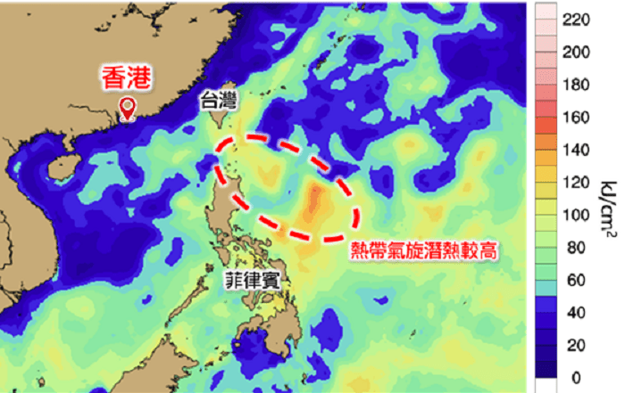 呂宋以東海域熱帶氣旋潛熱較高，有利熱帶氣旋增強。（天文台）