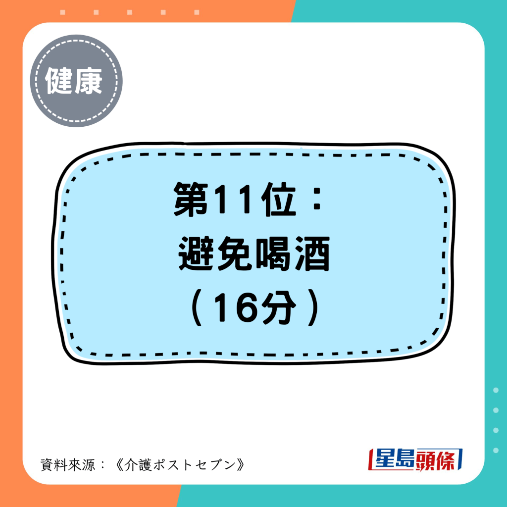 第11位： 避免喝酒 （16分）