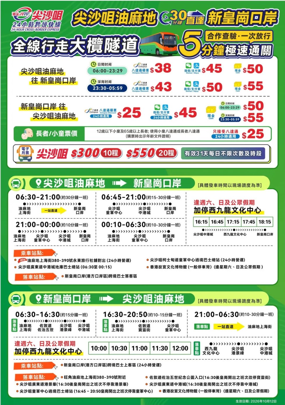 尖沙咀来往新皇岗口岸24小时跨境快线价钱、站点及班次。