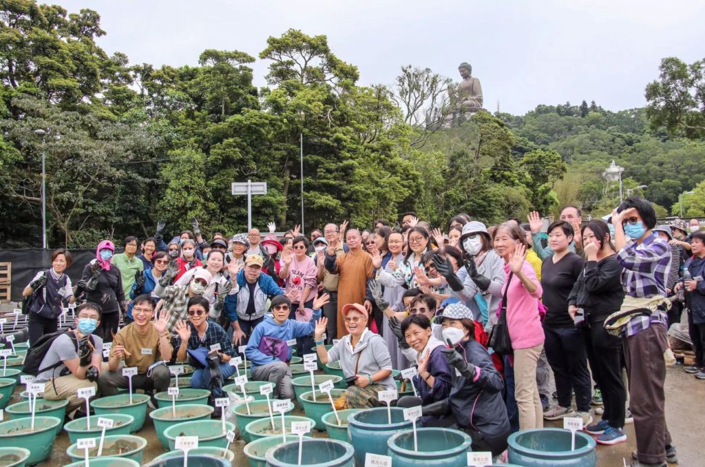 寶蓮禪寺今年初招募了150名荷花種植義工，經香港園藝學會種植專家培訓後，與凈因大和尚一同種植荷花。