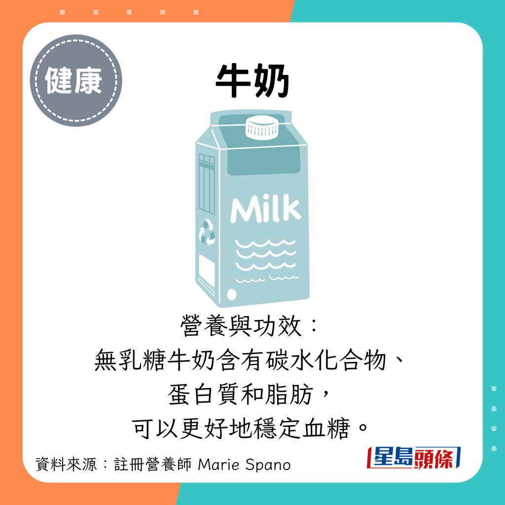 牛奶：營養與功效： 無乳糖牛奶含有碳水化合物、 蛋白質和脂肪， 可以更好地穩定血糖。