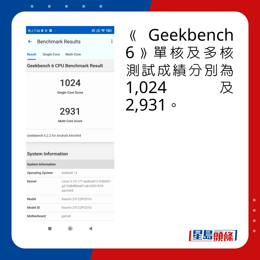 《Geekbench 6》單核及多核測試成績分別為1,024及2,931。