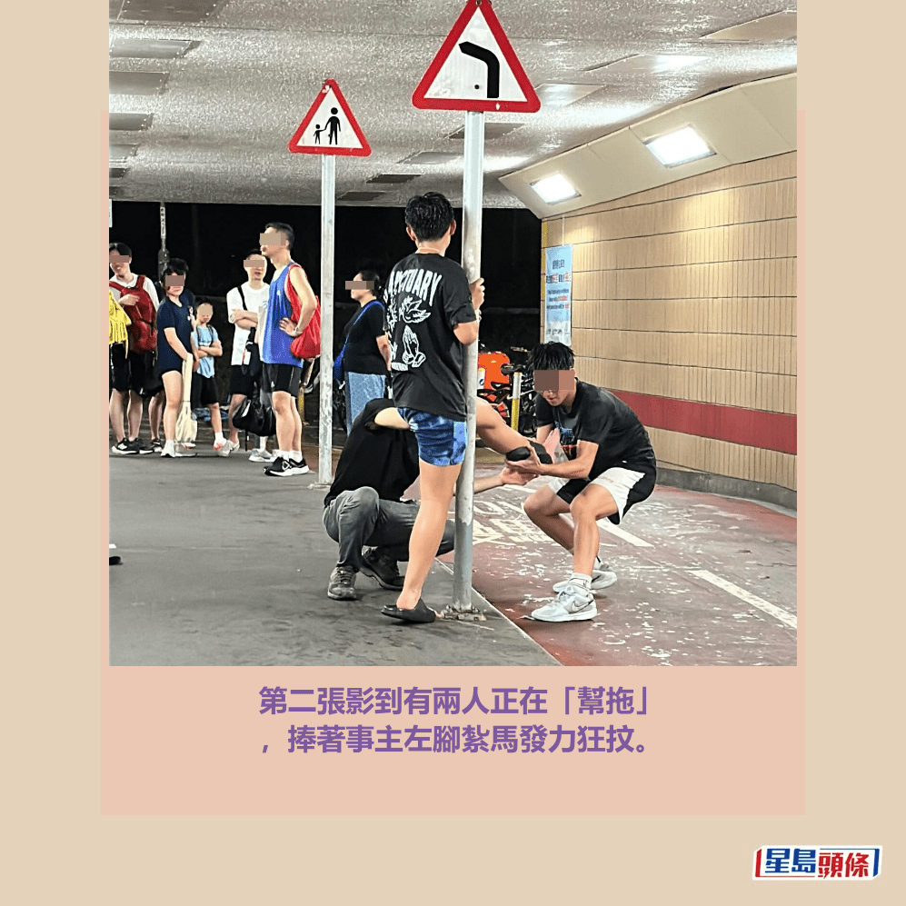 第二張影到有兩人正在「幫拖」 ,捧著事主左腳紮馬發力狂抆。Threads截圖 第二張影到有兩人正在「幫拖」 ,捧著事主左腳紮馬發力狂抆。Threads截圖