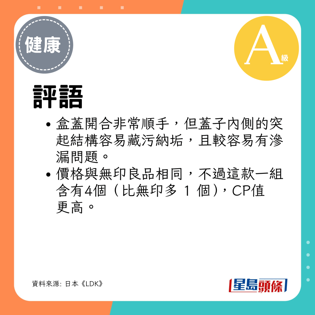 盒盖开合非常顺手，但盖子内侧的突起结构容易藏污纳垢，且较容易有渗漏问题。