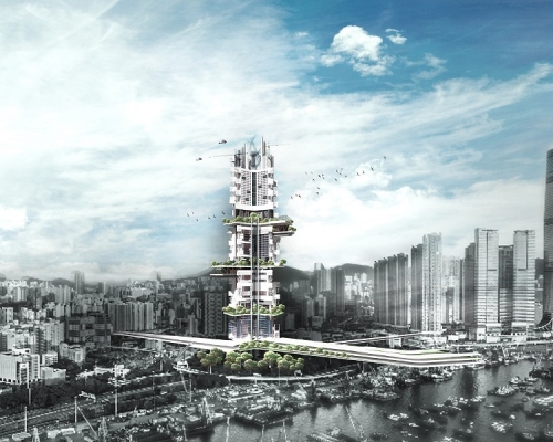 建築師事務所倡議油麻地建超級摩天大廈。電腦模擬圖片