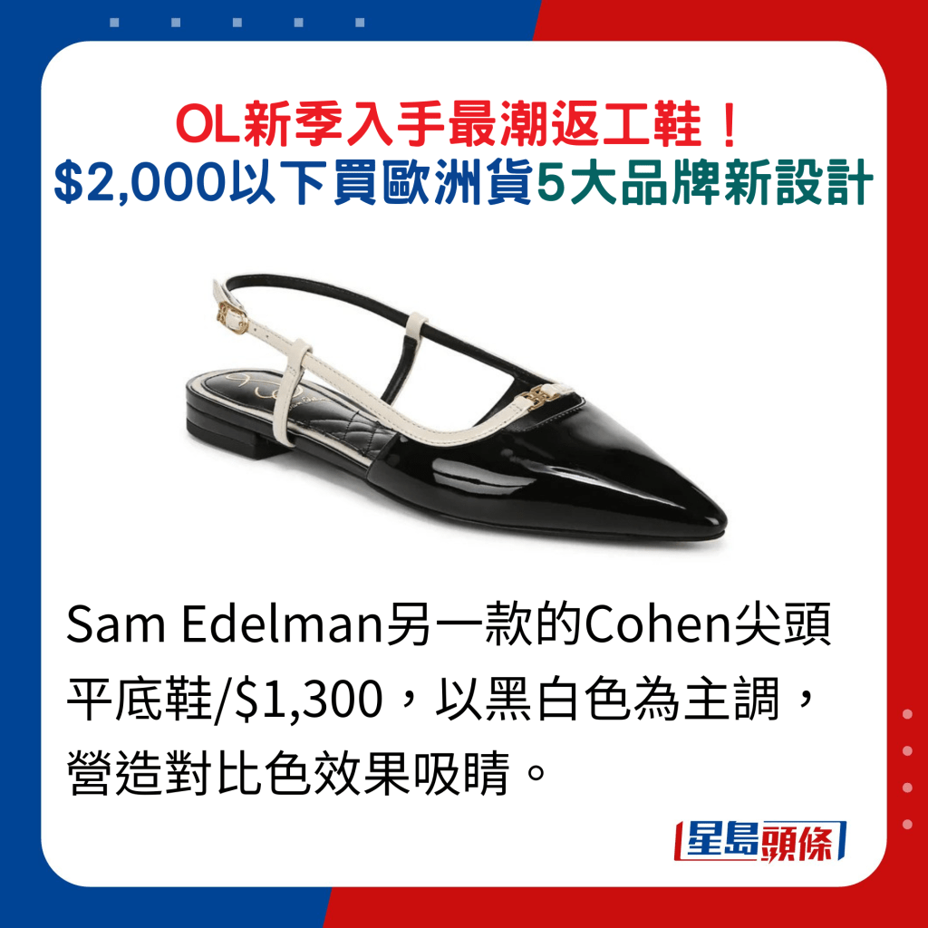 Sam Edelman另一款的Cohen尖頭平底鞋/$1,300，以黑白色為主調，營造對比色效果吸睛。