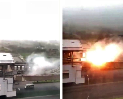 浦江线汇臻路站站外区间设备遭到雷击，火花四射，传出爆炸声、冒出浓烟。(网图)