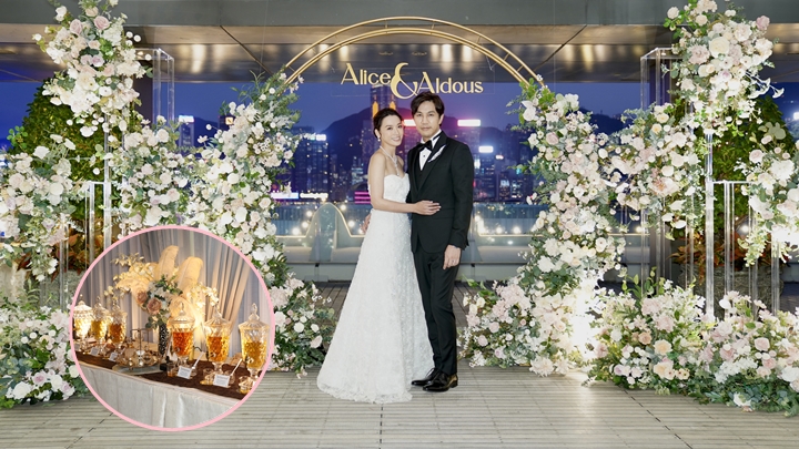 陳煒婚禮的拱門、迎賓區以夢幻色花藝設計營造浪漫。