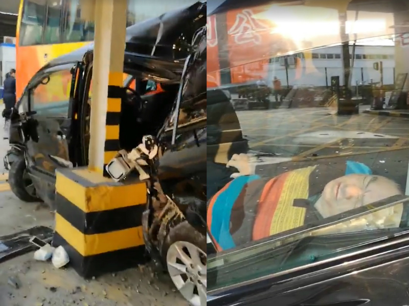旅游巴猛烈推撞私家車。突發事故報料區影片截圖