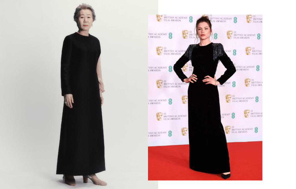 獲得今屆BAFTA Awards最佳女配角韓國女星尹汝貞(左)及Sophie Cookson(右)的晚裝都出自Dior,其中尹汝貞穿着不對稱設計晚裝裙來自品牌2018-2019高級訂製系列,配襯品牌Dior & Moi Slingback高跟鞋,造型優雅端莊。