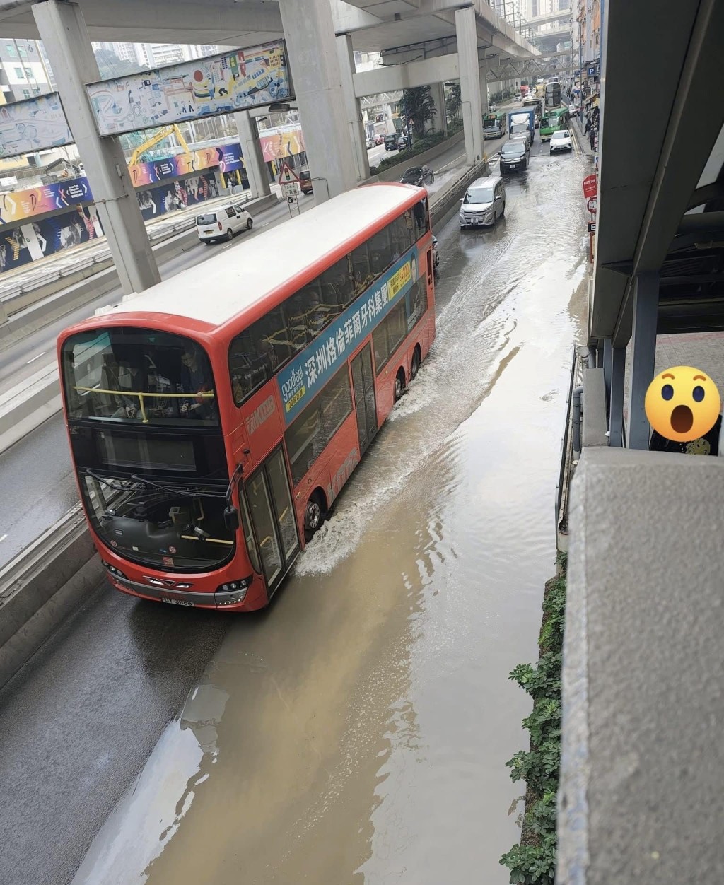 行車線頓成澤國，駛經車輛涉水而行。網上圖片