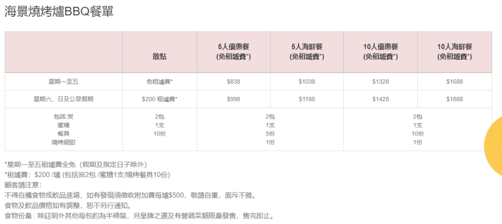 供应5人份或10人份优惠餐及海鲜餐