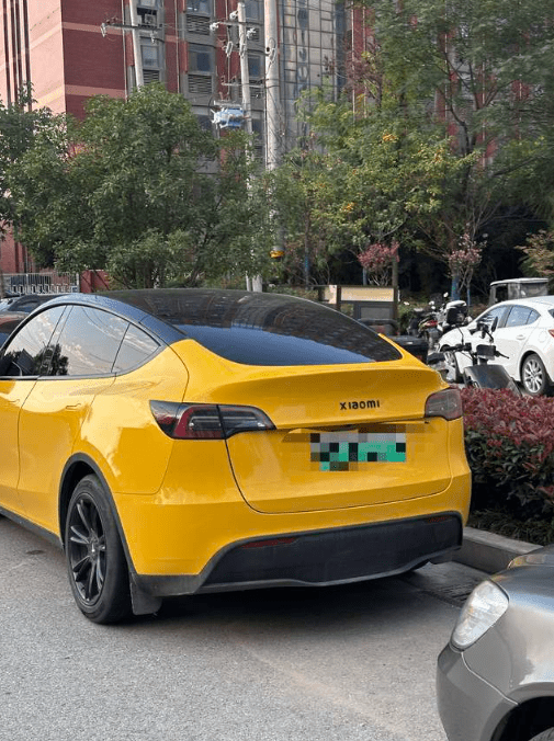 西安一輛特斯拉私家車被發現更換為小米車標。大風新聞