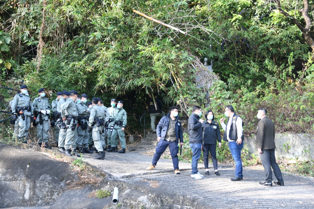 警方在劫案发生后带疑犯到荃锦公路光板田村山坡调查。资料图片