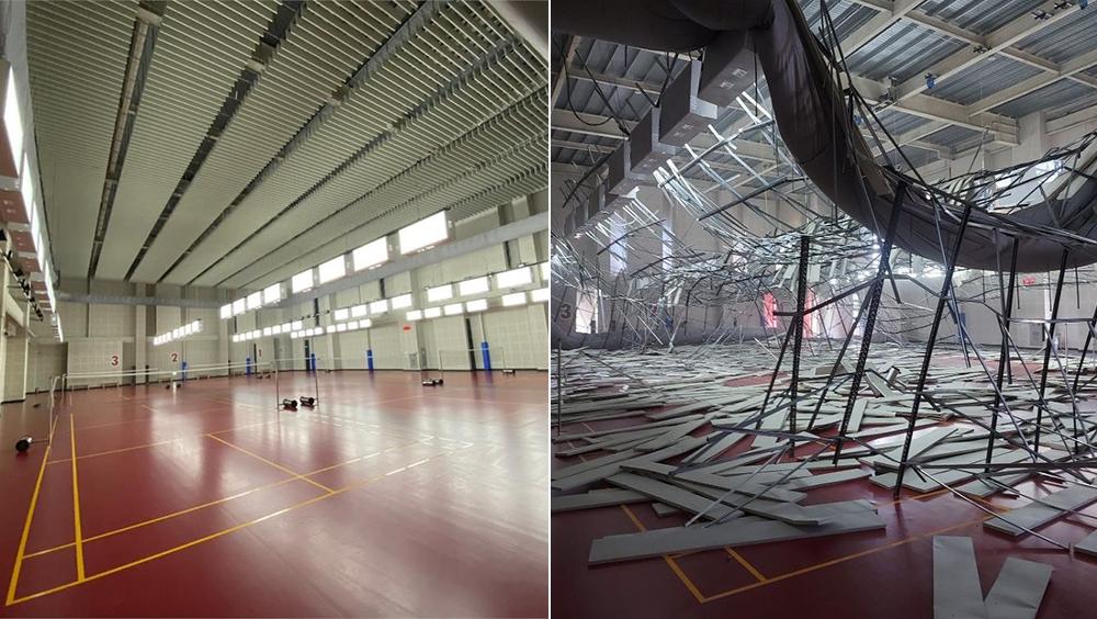 桃園市八德國民運動中心的羽球場才剛修好，遇地震後全毀。網圖